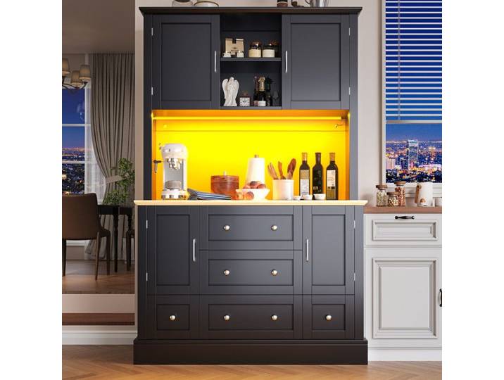 Armoire haute - Éclairage LED - 115×40×180cm - 4 portes - 3 tiroirs - Noir