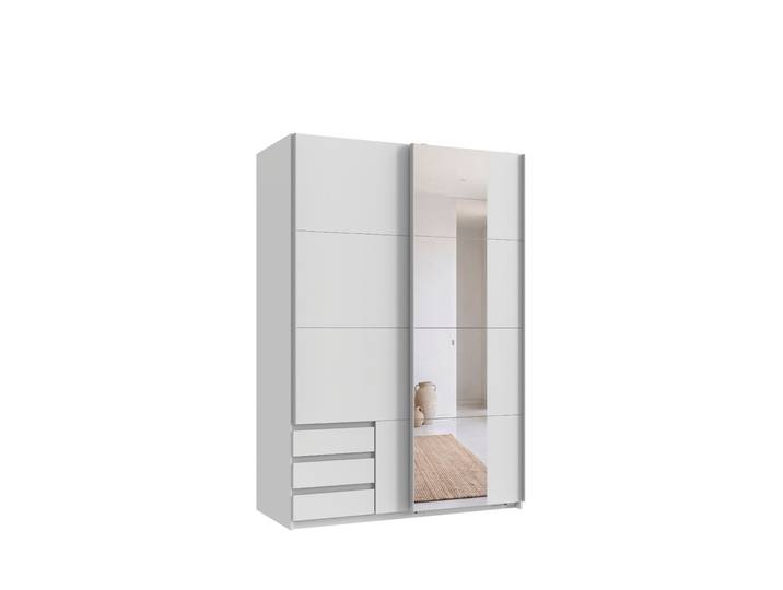 Schwebetürenschrank 2-trg Kleiderschrank 135 cm Weiß Außenschubladen mit Spiegel / 22674