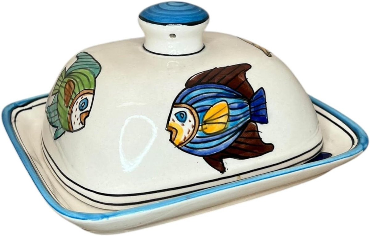 Handbeschilderde keramische botervloot met deksel voor het bewaren van boter - 10 x 16 x 13 cm