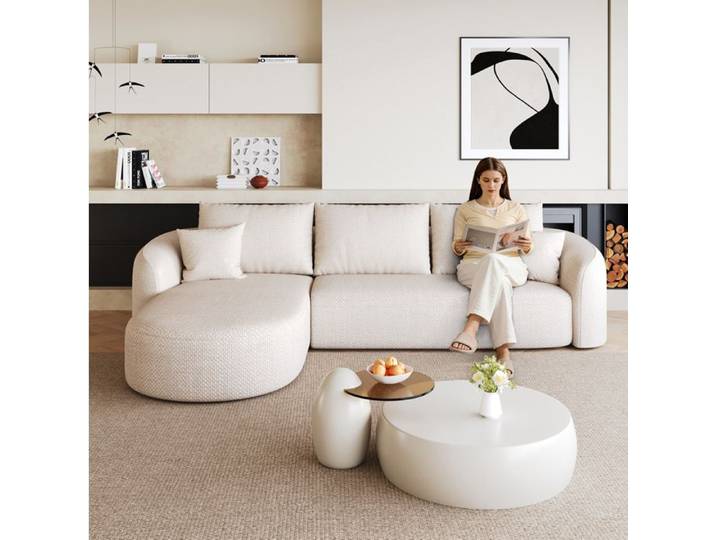 HOMVRA Canape d'angle modulable en L 266 cm 4 places canape compresse en chenille blanche sans montage