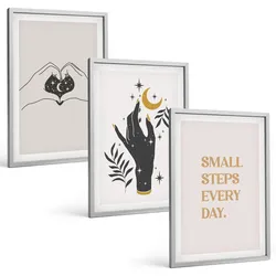 BILDER SET 3er Set - 40x60 cm Silberner Rahmen - Minimalistische Boho-Illustrationen