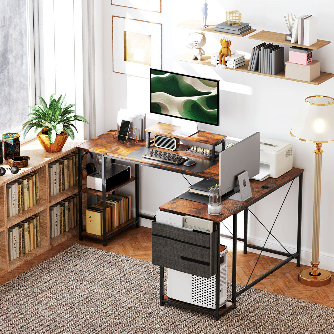 Inbox Zero Rascoe Reversible L Shaped Desk Adjustable Shelf Brown