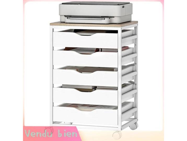 LIA Caisson bureau mobile roulettes bois 5 tiroirs poignées encochées 50x40x74 5 cm blanc