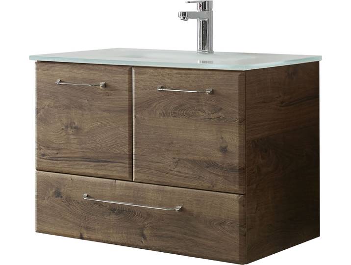 Waschtisch SAPHIR Quickset Glaswaschtisch mit Unterschrank, 74 cm breit, Waschplatz , braun (eiche ribbeck, eiche ribbeck, eiche ribbeck), B:74cm T:44,5cm, Glas, Holzwerkstoff, Waschtische, Waschtisch, Griffe in Chrom Glanz, inkl. Türdämpfer, 2 Türen, 1 Schublade