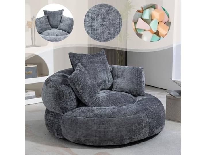 Ball & Cast Sitzsack, Durable Komfort Chenille Lazy Bag, Beanbag Chair mit 3 Kissen für Schlafzimmer, Büro, Grau, 1 Sitzplatz