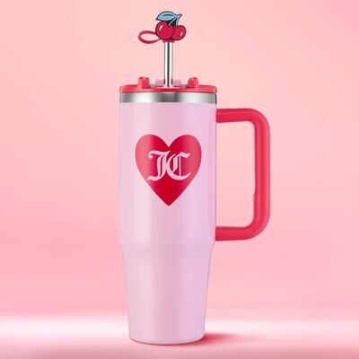 Juicy Couture Jetsetter Hydration Stainless Steel Tumbler with Handle and Straw With Topper