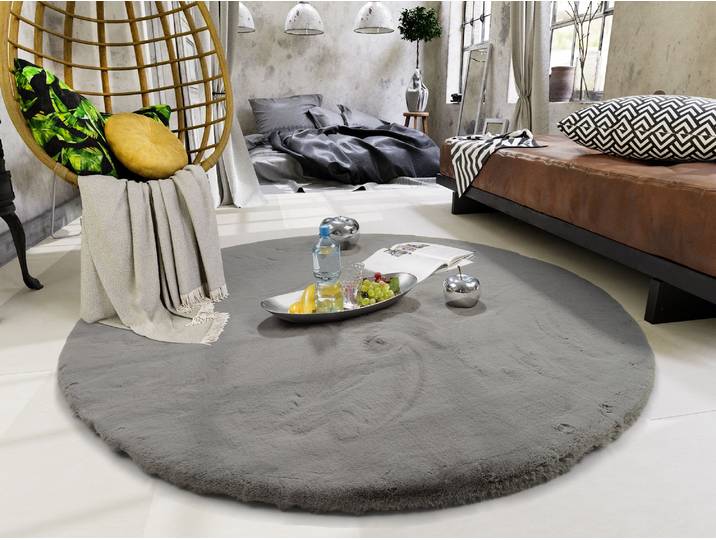 Hochflor-Teppich OCI DIE TEPPICHMARKE ALISSA, Fell Haptik , grau (dunkelgrau), H:38mm Ø:80cm, Polyester, Teppiche, Hochflor-Teppich, Kuschelig softer weicher Flor, Kaninchen Fell Haptik, getuftet