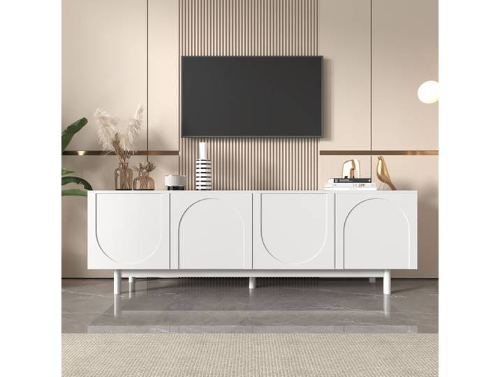 Meuble TV salon 4 portes rangement Style moderne 175x38x56 cm Blanc - NECHE - Scandinave - Moderne - Porte(s)
