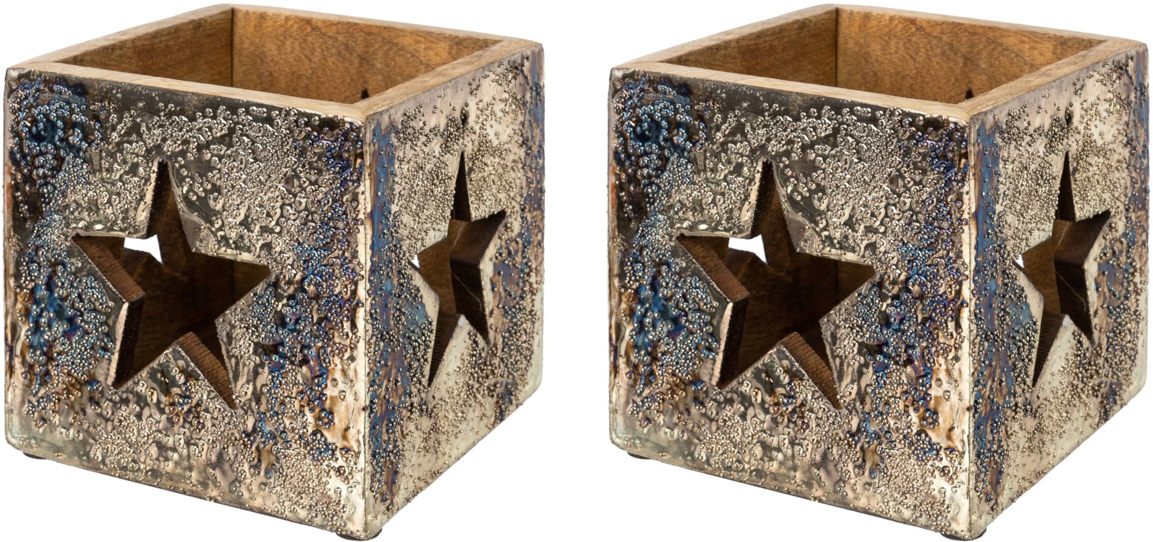 Windlicht CREATIV DECO "Weihnachtsdeko", silber (silberfarben), B:13cm H:13cm T:13cm, Holzwerkstoff, Kerzenhalter, Windlicht, mit eleganter silberfarbener Folierung, 2er Set