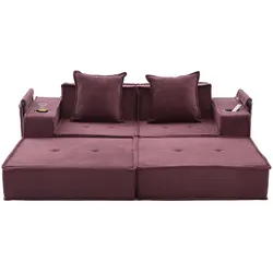 MODFU 2-Sitzer-Sofa aus Cord, weinrot, modular, mit Seitentaschen und 2 Kissen