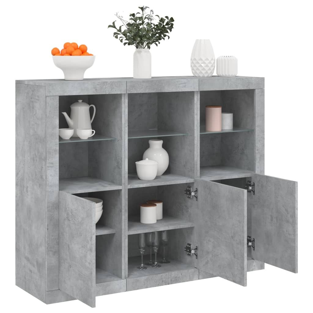 vidaXL Set van 3 Moderne Dressoirs met LED-verlichting, Betonkleur, Houtvezel