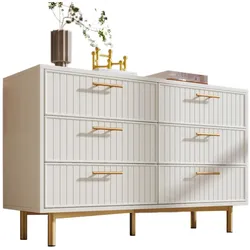 MODFU Kommode mit 6 Schubladen Weiß 120x40x75 cm geriffelte Fronten Metallsockel Goldgriffe verstellbares Mittelbein moderne Aufbewahrung