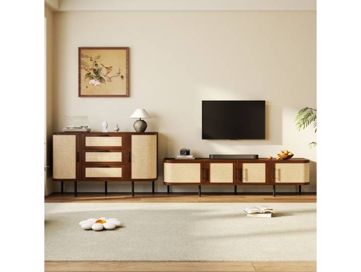 MEUBLIV Ensemble meuble TV et buffet en MDF finition noyer fronts effet tressé pieds métalliques noirs