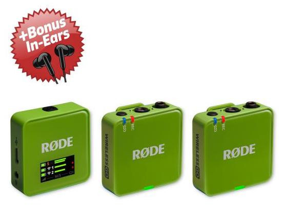 Rode Wireless GO Gen 3 draadloos microfoonsysteem met bonus in-ear hoofdtelefoon, groen