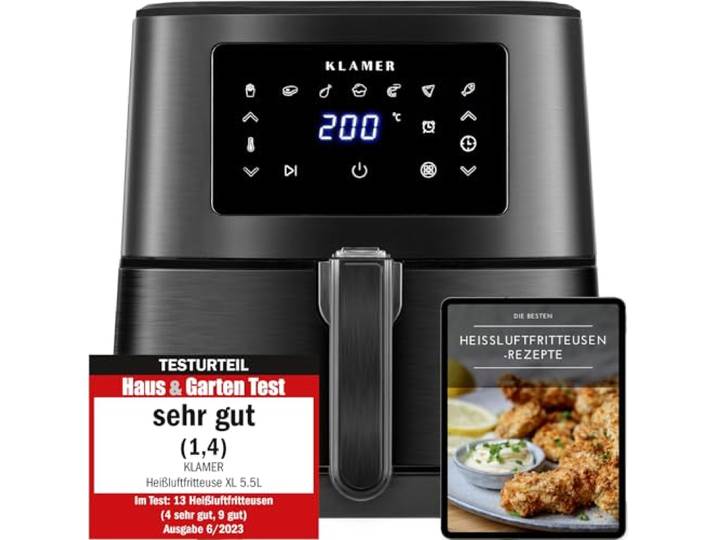 KLAMER Heißluftfritteuse 5,5 L XXL, 1700 W Airfryer, ölfreie Fritteuse Zirkulierende Heißluft grillt, gart und frittiert fettreduziert und schonend, Antihaft-Korb spülmaschinenfest