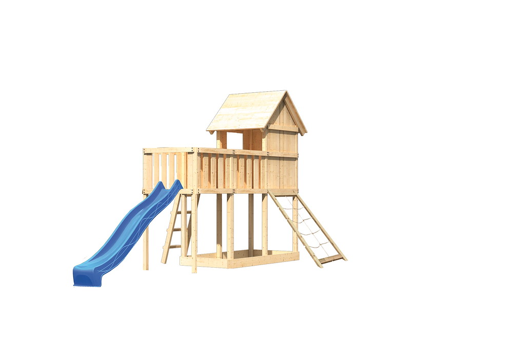 KARIBUHOLZT Akubi Stelzenhaus Frieda natur Rutsche blau+ABP+Netzrampe 16938223