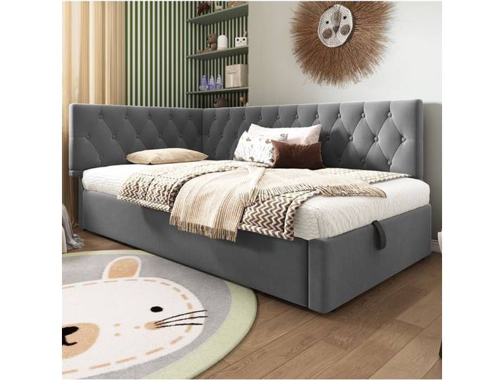 ULEVR Lit rembourré en velours gris 90x200 cm avec rangement hydraulique tête de lit réversible sans matelas