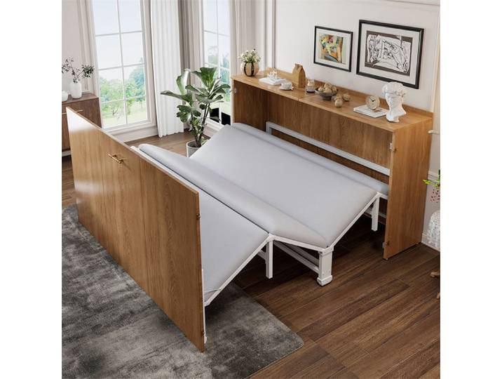 DRIPEX Lit escamotable 140 x 200 cm Cadre de lit mural extensible avec matelas en lin lit d'appoint peu encombrant Marron