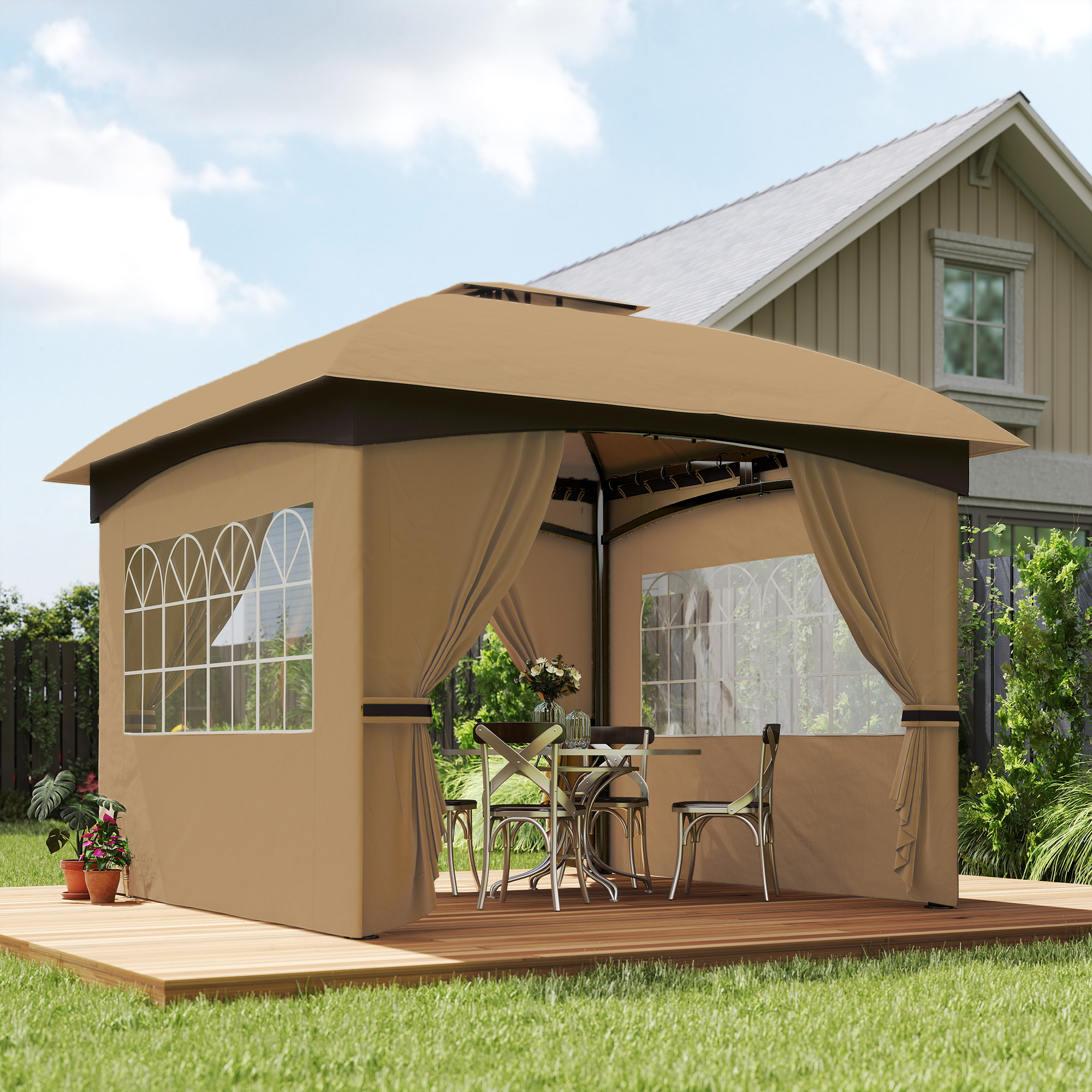 Outsunny  Gazebo da Giardino 3.4x3.4m con Pareti in PU Anti-Strappo e Anti-Raggi UV, Tetto a 2 Livelli, Beige Aosom