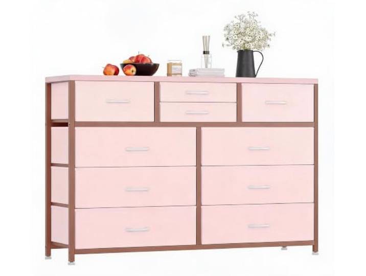 RBFGYIOP Kommode für Flur, Schlafzimmer & Wohnzimmer mit 10 Stoffschubladen – Stahlrahmen & Holzplatte, leichtgängige Griffe, Aufbewahrungsschrank/Sideboard – Farbe: Rosa