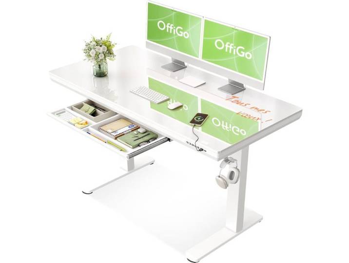 Bureau Assis Debout Électrique OffiGo 120x60cm Verre Réglable avec Tiroir et Ports USB