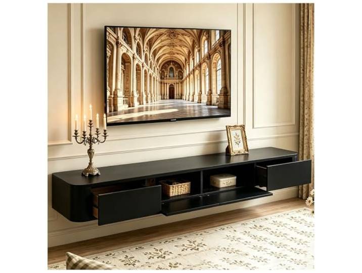 ASKLFNEI Modern Schwebende TV Schrank 260cm Schwarz, TV Lowboard Hängend, TV Board Hängend mit 2 Schubladen 2 Klappen Türen & Kabelmanagement, für Wohnzimmer und Esszimmer