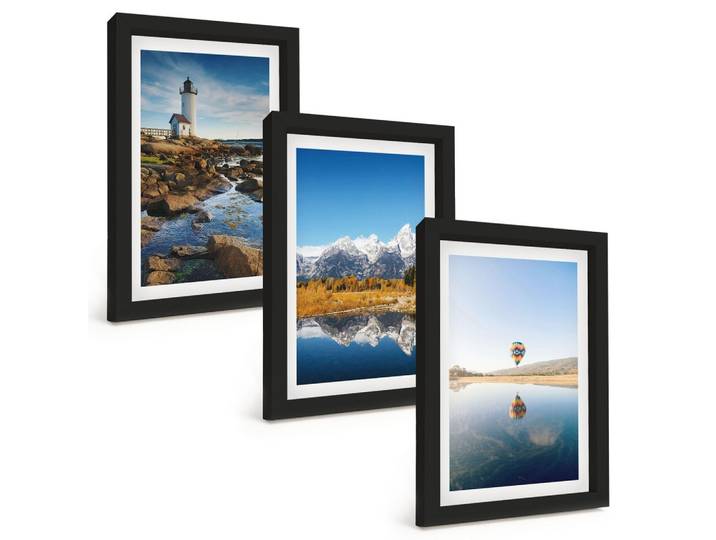 BILDER SET 3er Set - 20x30 cm Schwarzer Rahmen - Naturansichten, Leuchtturm, Berge, Ballonfahrt