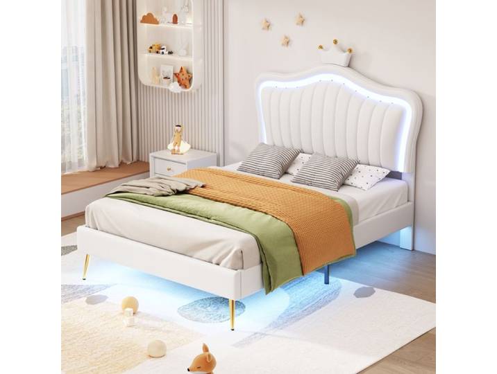 Lit combine pour enfant 90 x 200 cm lit simple blanc en forme de couronne avec éclairage LED idéal pour les filles