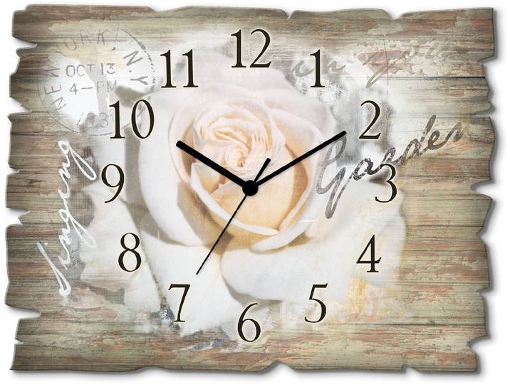 Wanduhr ARTLAND In Buchstaben - Rose , weiss (weiß), B:40cm H:30cm T:0,6cm, Wanduhren, Wanduhr, wahlweise mit Quarz- oder Funkuhrwerk, lautlos ohne Tickgeräusche