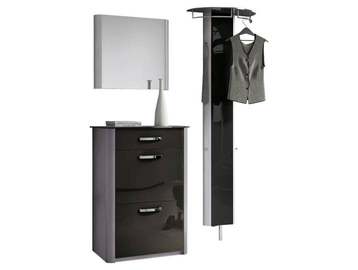 Moderano Garderobe, Schwarz, Alufarben, Metall, Glas, Holzwerkstoff, 3-teilig, 150x192x34 cm, Garderobe, Garderobensets & -serien, Garderoben-Set