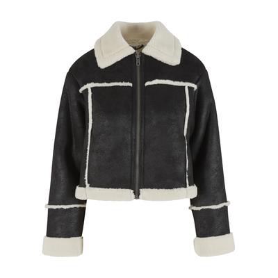 Wintermantel URBAN CLASSICS "Urban Classics Ladies Shearling Jacket", Damen, Gr. XL, schwarz-weiß (schwarz, sandweiß), 100% Polyester, Mäntel Wintermantel