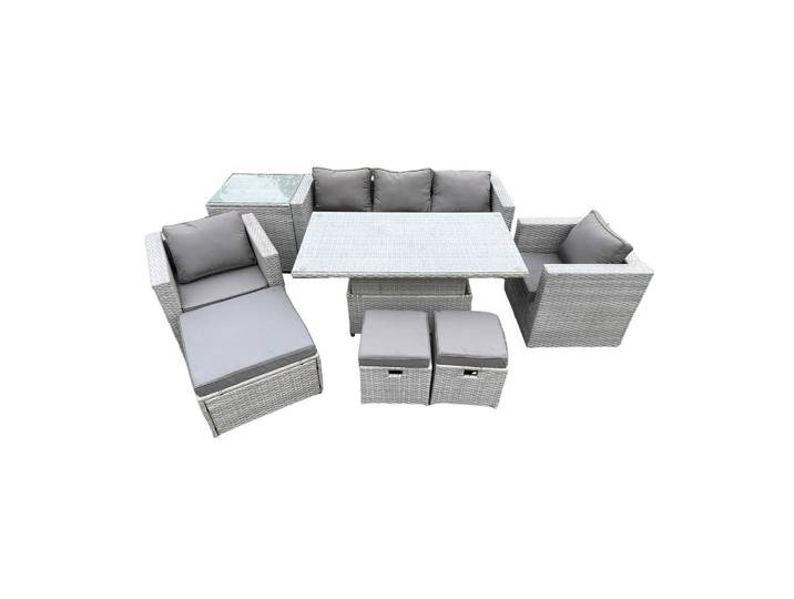 Fimous Gartenmöbel SET Polyrattan Helles Grau 8-Sitzer, Hellgrau, Metall, rechteckig, Gartenmöbel, Gartengarnituren, Gartenmöbel-Sets