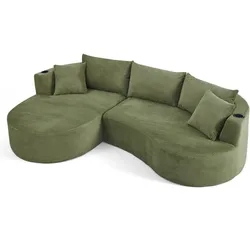 Merax Sofa set, 2-Sitzer + Rechte Chaiselongue, mit Getränkehalter & Kissen, Bogenförmiges Design, Cordstoff, Grün