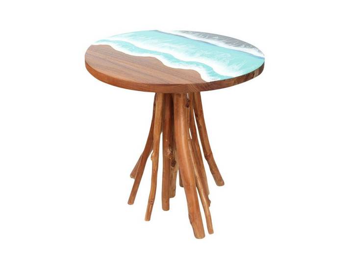 Licht-Erlebnisse Beistelltisch BALI, Holz massiv B: 60 cm rund Baumscheibe Epoxidharz Meer Design Unikat