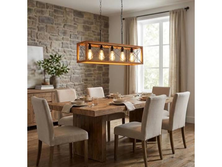 Alpinaluz Lampe Suspension Vintage Industrielle 80 cm avec Cadre en Bois et Acier Noir\, 5 Douilles E27\, Chaîne Métallique Réglable\, Éclairage Intérieur pour Salon\, Cuisine et Salle à Manger Moderne