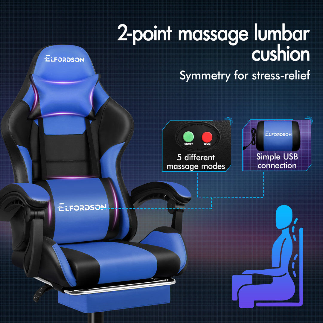 Brayden Studio Nylon Gaming Chair with Headrest Blue/Blue 119cm H X 68cm W X 68cm D