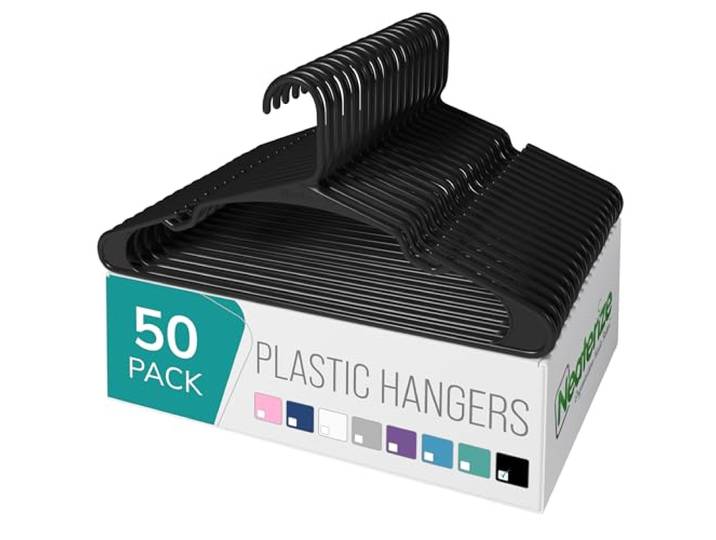 Kleiderbügel aus Kunststoff, 50 Stück, Kunststoff-Kleiderbügel sind der perfekte Kleiderbügel und platzsparende Kleiderbügel für den Schrank, Percheros Ganchos para Colgar Ropa Hangars – schwarze