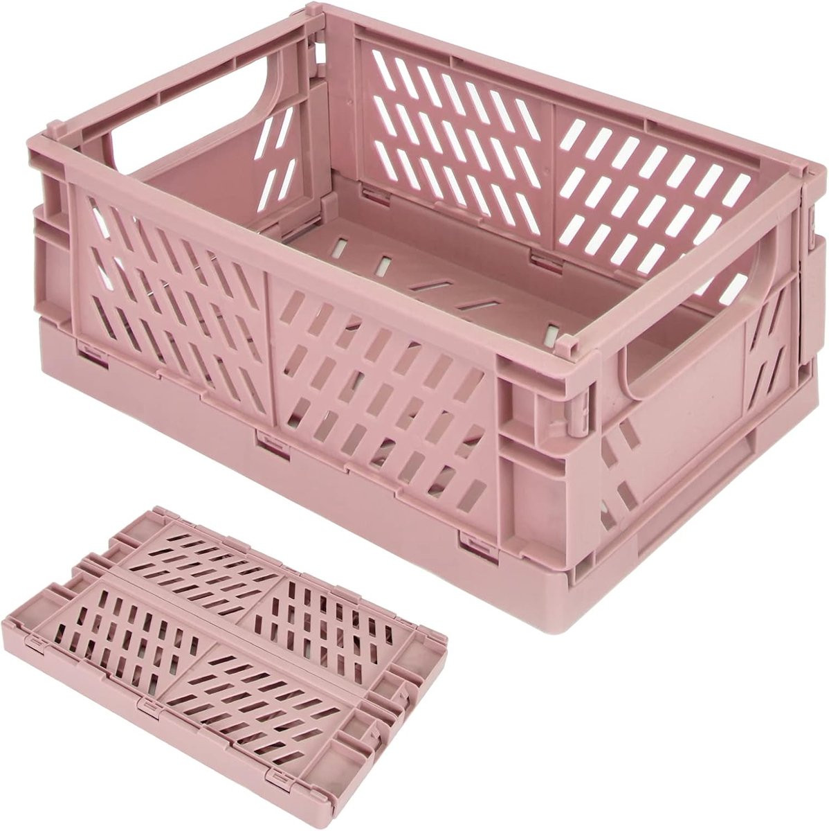 Opvouwbare en stapelbare opbergdoos met handvatten, roze