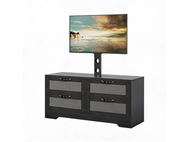 Koioplie Meuble TV style farmhouse avec support intégré réglable jusqu'à 70  - Noir - Console rotin 4 tiroirs pour salon home cinéma