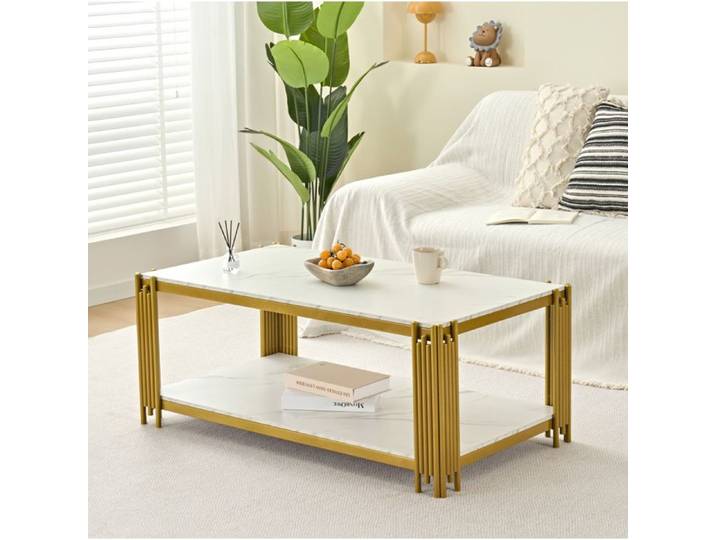 Table basse rectangulaire effet marbre blanc avec pieds métalliques dorés