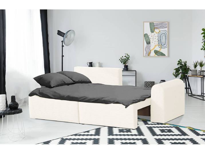 Ecksofa Runer mit Schlaffunktion Beige Cordstoff Poppy 250 x 94 x 151cm Longchair beidseitig montierbar Modern