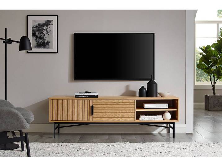 Meuble TV Langemark MDF panneau de fibres à densité moyenne Placage : chêne Fer enduit par poudrage Marron 160 x 50 x 40cm