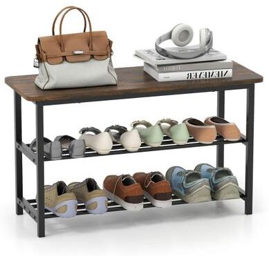 Costway 3-Tier Shoe Rack Shoe Bench with Metal Slat Shelves and Long Wooden Seat-Rustic Brown