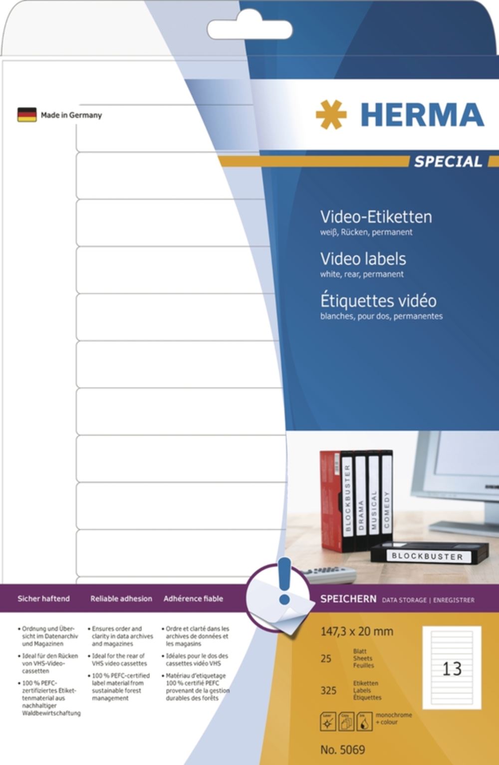 Herma 5069 Video-Etiketten 14.73x2 cm (25 Blatt (325 Etiketten))