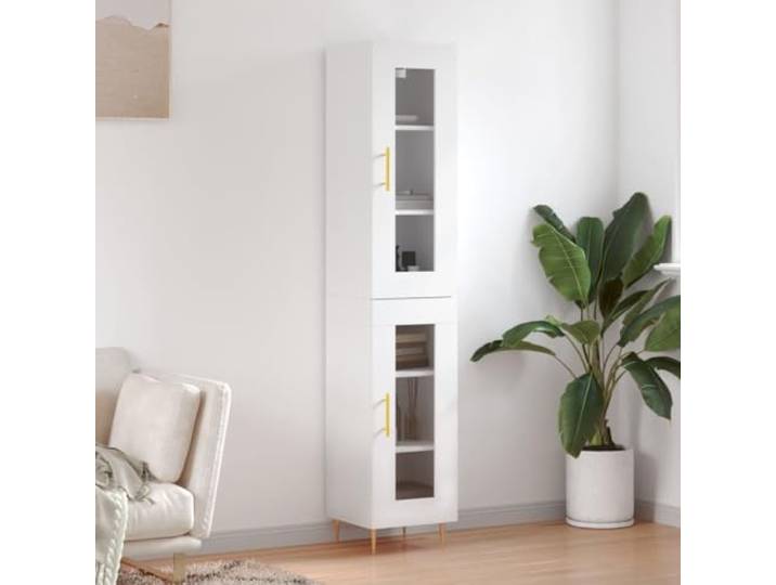 Jkghdrt Highboard Weiß 34,5x34x180 cm Holzwerkstoff mit Eisenbeinen Weiß, Holzwerkstoff, Eisenbeine, viel Stauraum, mit Wandhalterung zur Sicherung