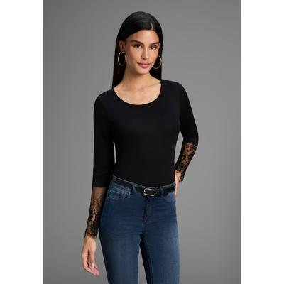 Langarmshirt MELROSE, Damen, Gr. 38, schwarz, Jersey, Obermaterial: 95% Viskose, 5% Elasthan. Spitze: 100% Polyester, unifarben, tailliert hüftlang, Rundhals, Spitze, Shirts Langarmshirt, taillierte Passform, aus Jersey und Spitze