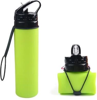 Inspired Living 600ml Foldable Silicone Water Bottle Leak Proof, Lightweight Collapsible Water Bottle For Hiking, Camping & Travel green