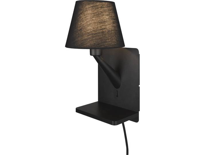 TRIO LEUCHTEN Wandleuchte COMFORT, Wand Nachttischleuchte, induktive Ladestation USB-Anschluss , schwarz matt, 1, Ø 14,5cm H: 31cm, 1 Stk., Leuchten, LED Wandleuchte indirektes Licht, exkl 1x E14 max 40W, Stoffschirm, Wandleuchte
