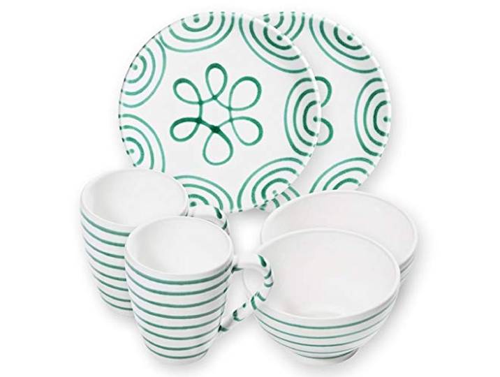GMUNDNER KERAMIK Hüttenfrühstück Cup für 2 Geschirrset 6-teilig Grüngeflammt Geschirr, handgemacht in Österreich