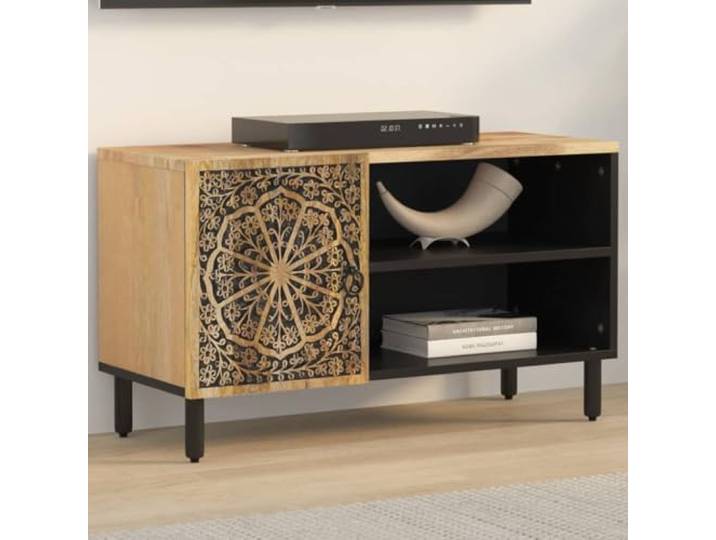 GKMBCVDFR TV-Schrank 80x31x46 cm Massivholz Mango mit Stauraum Massives Mangoholz, handgeschnitztes Blumenmuster, Eisenbeine, Retro-Stil, viel Stauraum